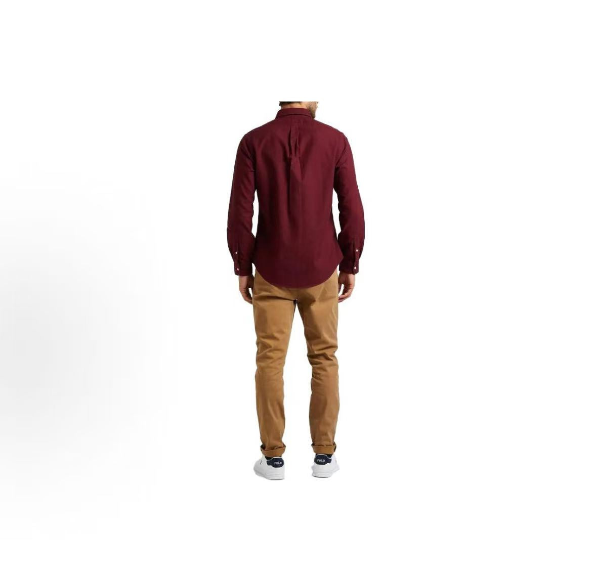 Ralph Lauren FW23 Little Horse Embroidery Logo Solid-color Long-sleeved Button-front Shirt Messy Hair Men's Style Red