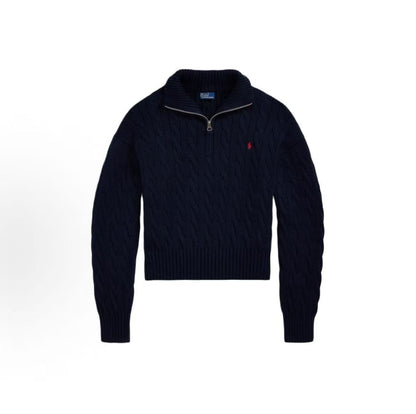 Ralph Lauren Solid Twisted Knitted Cotton Polo Neck Long-Sleeved Zip Knit Shirt Loose Fit Women's Blue