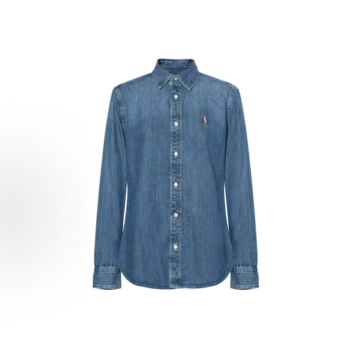 Ralph Lauren Retro Colorful Small Spikes Embroidered Medium Washed Twill Cotton Denim Shirt with Pointed Collar, Long Sleeve, Button Front, Straight Fit, Women's Style, Blue