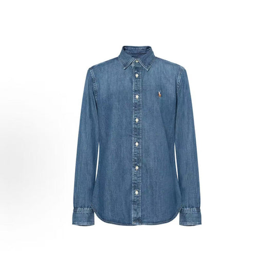 Ralph Lauren Retro Colorful Small Spikes Embroidered Medium Washed Twill Cotton Denim Shirt with Pointed Collar, Long Sleeve, Button Front, Straight Fit, Women's Style, Blue