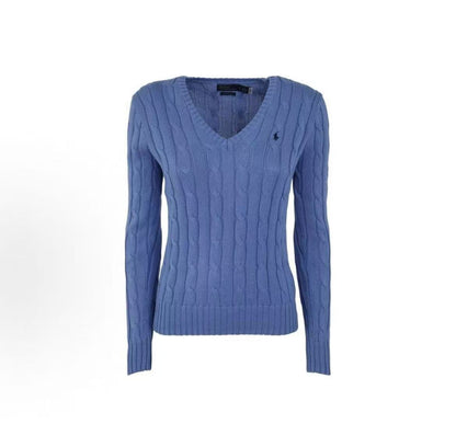 Ralph Lauren SS23 Petite Spur Embroidered Solid Cotton Twill Knotted V-Neck Pullover Long Sleeve Ribbed Hem Skirted Sweater Standard Fit Women's Blue