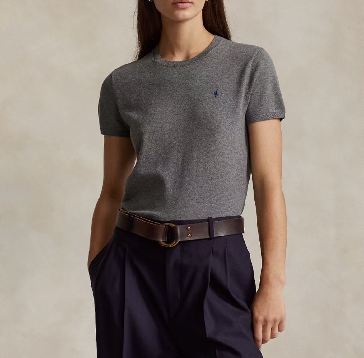 Ralph Lauren SS23 Small Horse Logo Embroidered Cotton Blend Ribbed Roundneck Pullover Short Sleeve Knit Shirt Loose Fit Women's Grey