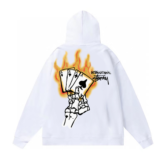 STUSSY POKER PRINT HOODIE WHITE