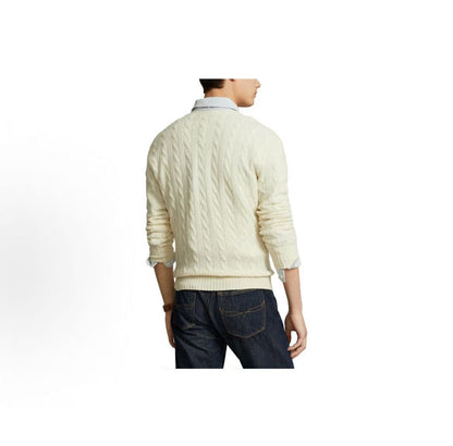Ralph Lauren FW22 Solid Logo Embroidered Cozy Plaid Long-Sleeved Sweater - Standard Fit Men's Style - Cream Color