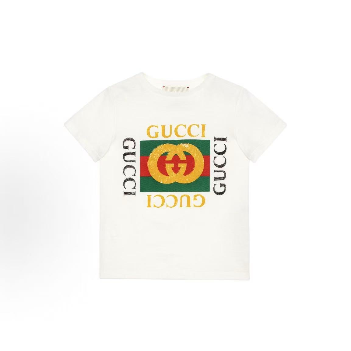 GUCCI T-Shirt, Retro Logo Letter Print Short Sleeve, White, Kids' Size