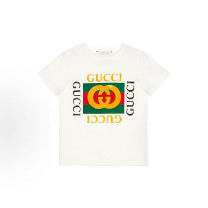 GUCCI T-Shirt, Retro Logo Letter Print Short Sleeve, White, Kids' Size