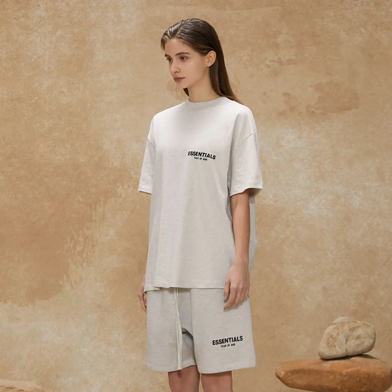 FOG FEAR OF GOD 22 multi-stitched back double row flocking ESSENTIALS letter T-shirt light oatmeal