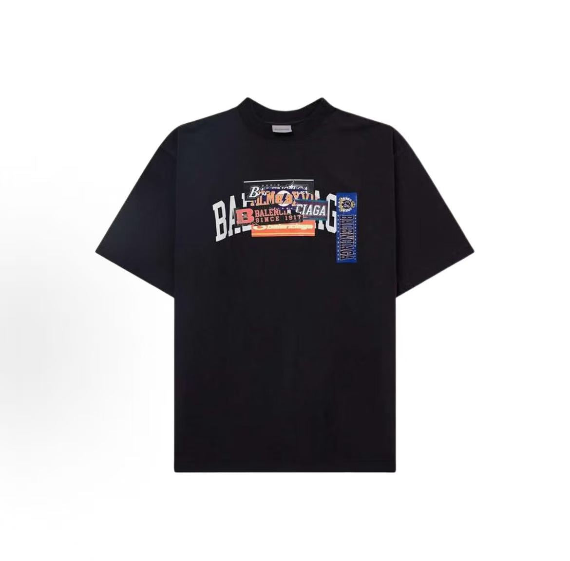 Balenciaga Streetwear Fall/Winter 2026 Round-neck Sticker Pattern Short-Sleeved T-Shirt Regular Fit Men's Style