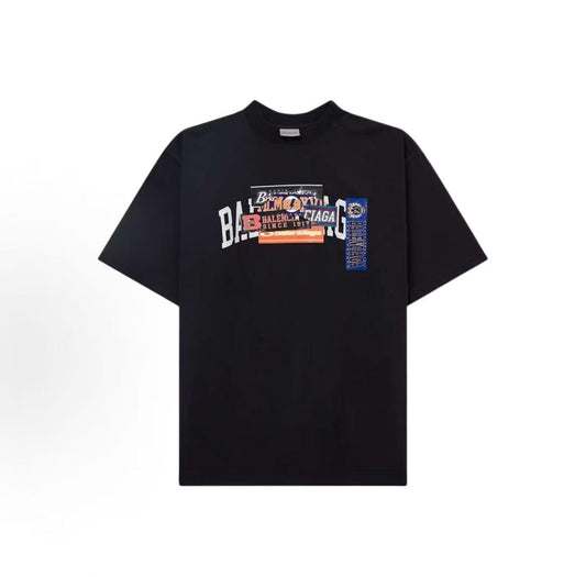 Balenciaga Streetwear Fall/Winter 2026 Round-neck Sticker Pattern Short-Sleeved T-Shirt Regular Fit Men's Style