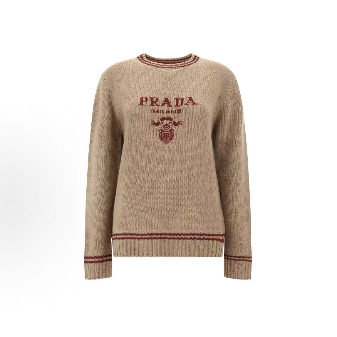 PRADA Prada FW24 Logo Wool Round-neck Long-sleeve Cashmere Sweater for Women in Beige