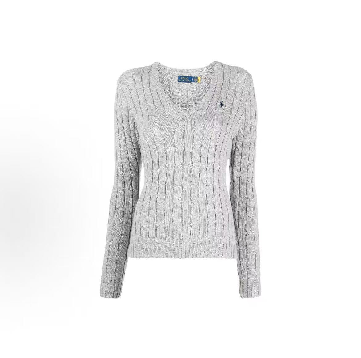 Ralph Lauren FW22 Solid-color V-neck Pullover Casual Long-Sleeve Sweater for Women in Gray