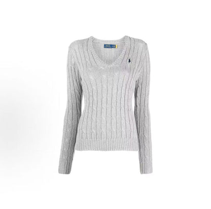 Ralph Lauren FW22 Solid-color V-neck Pullover Casual Long-Sleeve Sweater for Women in Gray