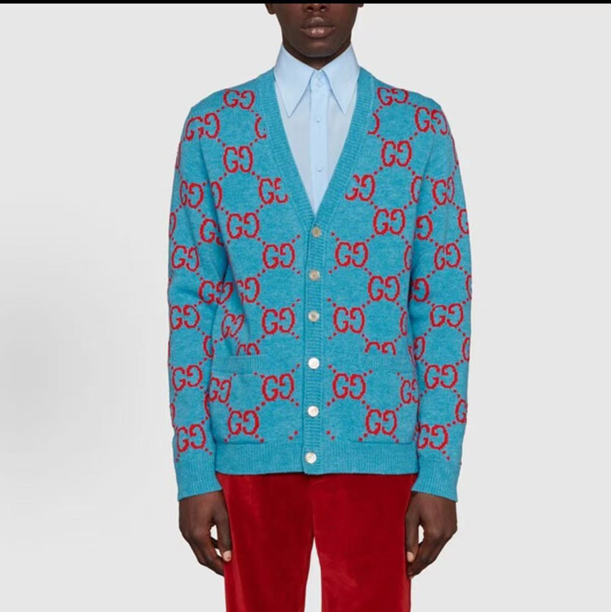 GUCCI 2021 Fall Collection Logo Plaid Single-Button Wool Sweater - Knitted Shirt - Men's - Blue