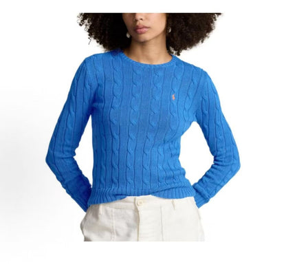 Ralph Lauren Small Horse Logo Embroidered Cotton Roundneck Long Sleeve Pullover Sweater Knit Shirt Standard Fit Women's Ice Blue