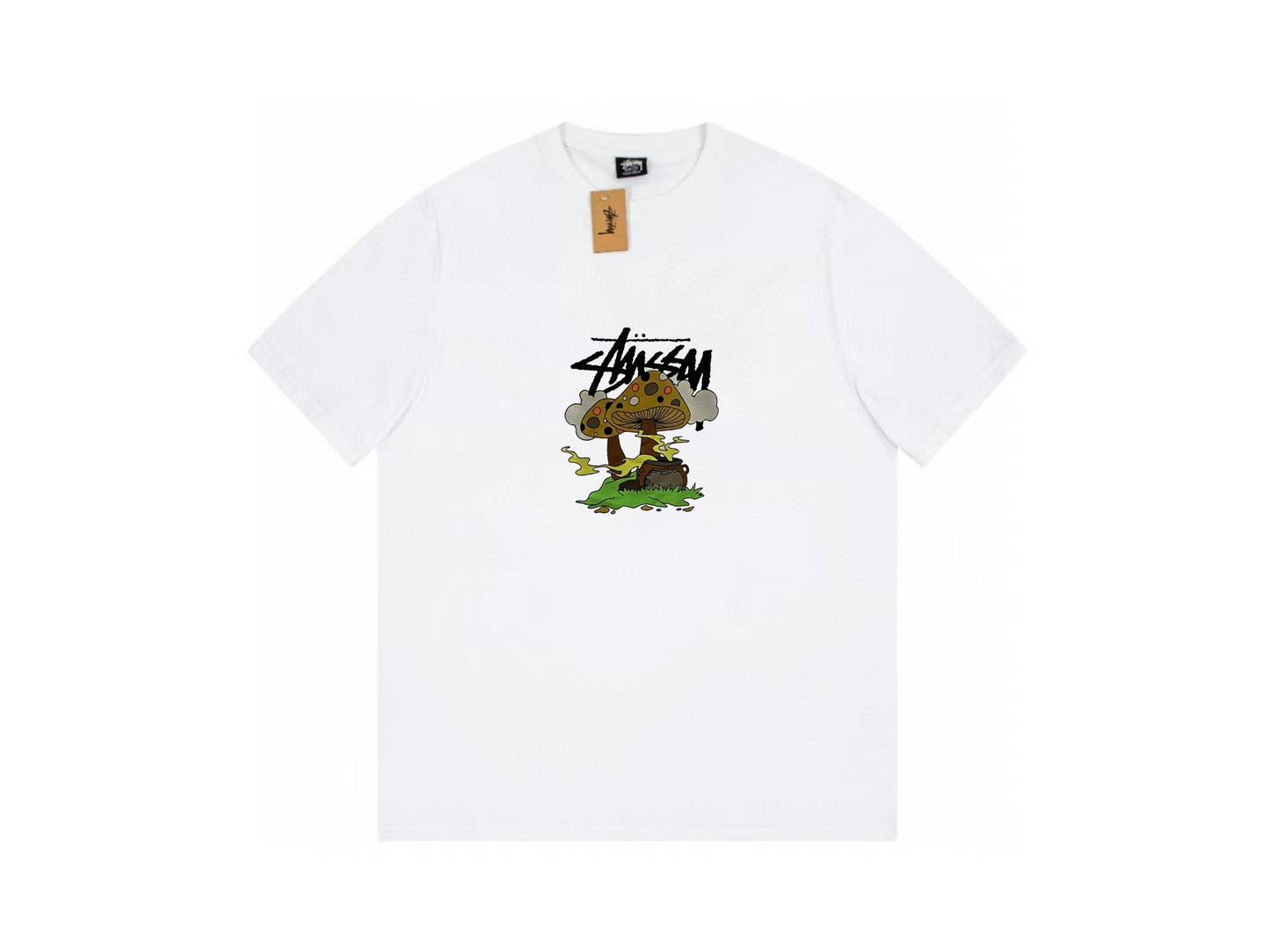 STUSSY CARTOON MAGIC MUSHROOMS PRINT TEE WHITE