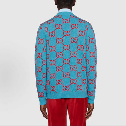 GUCCI 2021 Fall Collection Logo Plaid Single-Button Wool Sweater - Knitted Shirt - Men's - Blue
