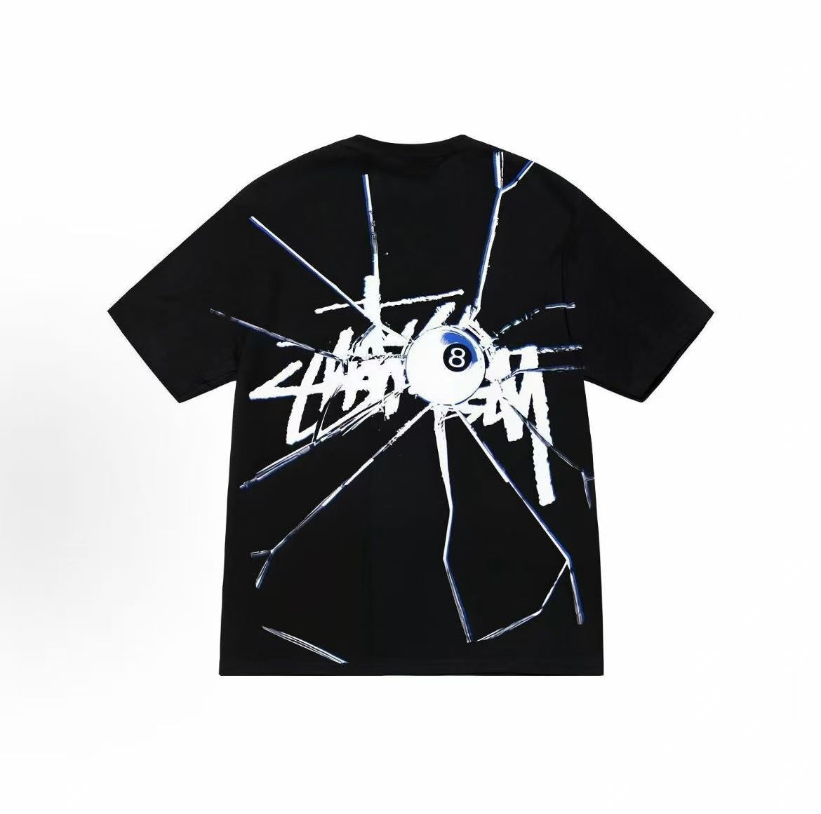 Stussy SS23 SS23 Spring Summer Collection 8 Ball Series SHATTERED TEE - A loose round-neck short-sleeved T-shirt with a black 8 pattern and an alphabet logo print. Available for both men and women.