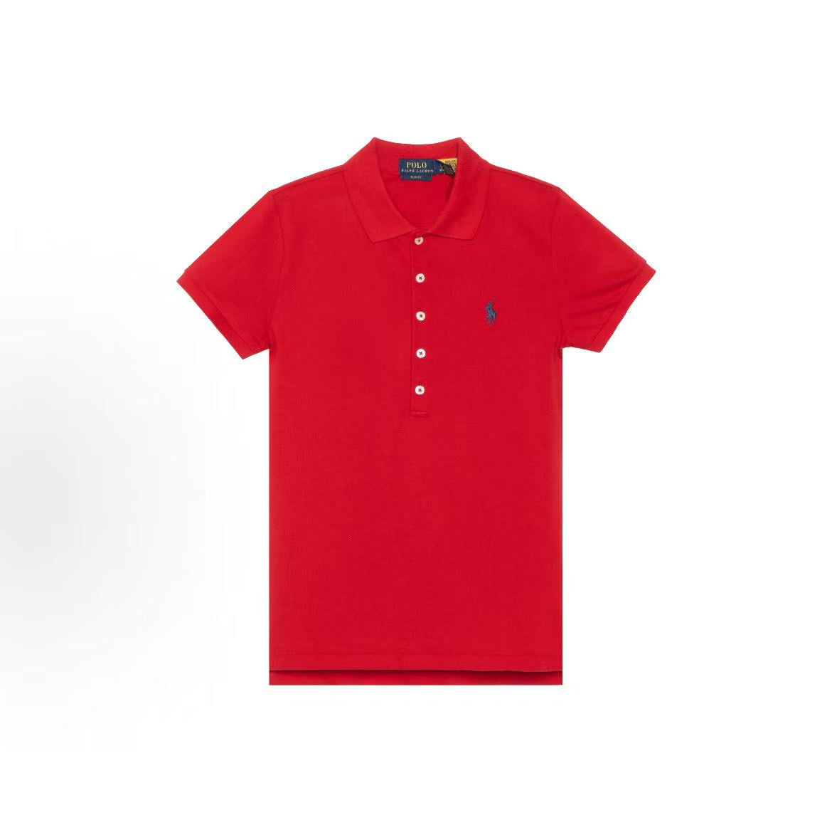 Ralph Lauren Petite Spurs Embroidered Solid Breathable Stretch Cotton Mesh Five-Pocket Polo Collar Hooded Short Sleeve Ribbed Sleeve Cap Polo Shirt - Slim Fit - Women's - Red with Navy Blue Pattern