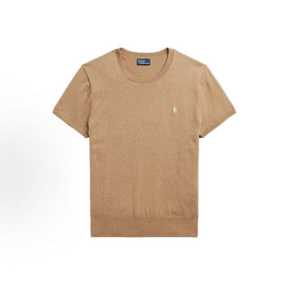 Ralph Lauren SS23 Small Horse Logo Embroidered Cotton Blend Ribbed Roundneck Pullover Short Sleeve Knit Shirt Loose Fit Women's Item Tan Color Blend