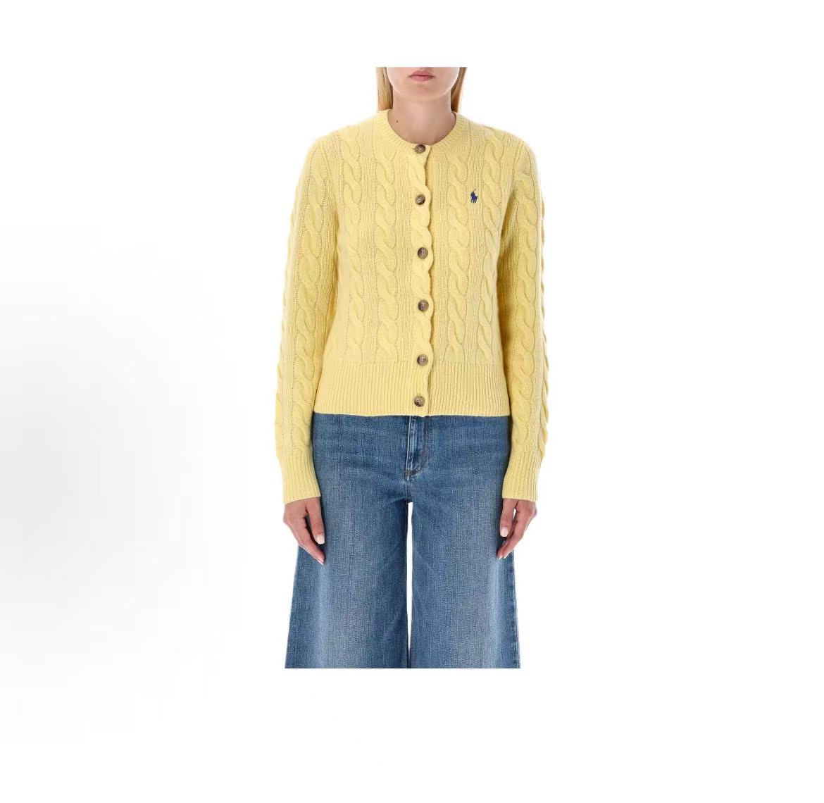 Ralph Lauren FW22 Solid Color Round Neck Single-Button Wool Sweater - Cashmere Sweater - Women's - Yellow