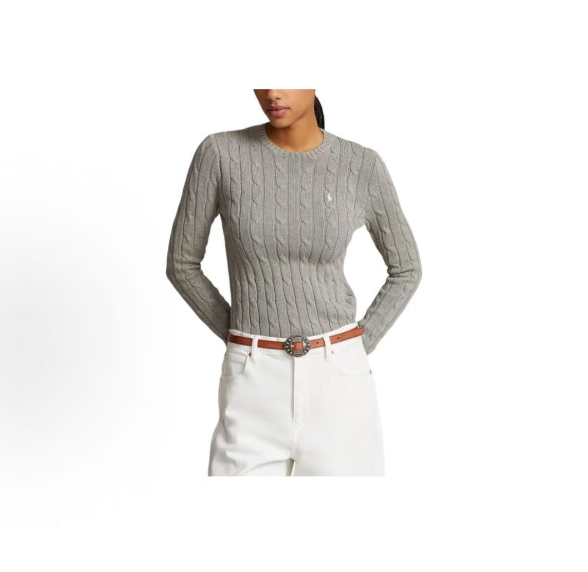 Ralph Lauren Small Horse Logo Embroidered Pattern Twisted Knitted Cotton Roundneck Pullover Long Sleeve Knit Shirt Standard Fit Women's Grey