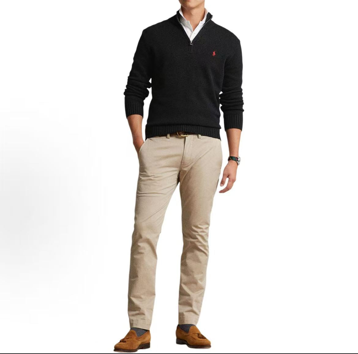 Ralph Lauren SS23 Pattern Logo Embroidery Print Half-Zip Pullover Long Sleeve Shirt for Men - Black