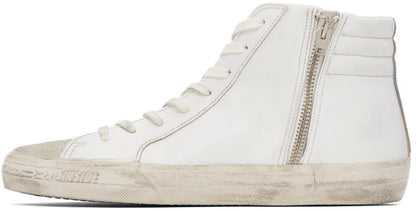 حذاء GOLDEN GOOSE رياضي كلاسيكي عالي الرقبة من الجلد الأبيض والشمواه طراز Slide