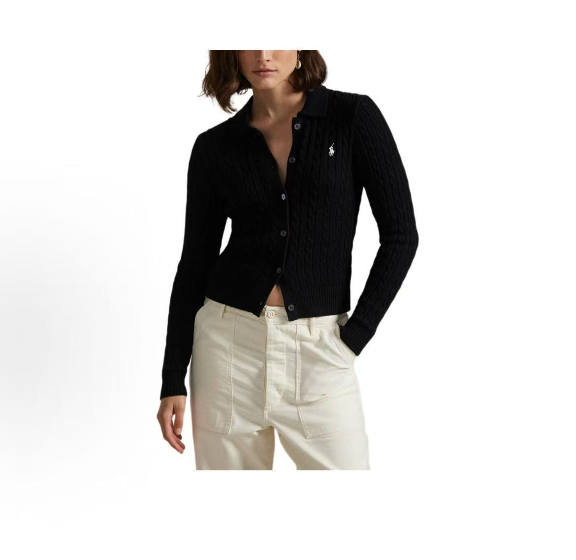 Ralph Lauren Solid Color Small Spikes Embroidered Lace Embroidered Cotton Buttoned Collar Single-Button Ribbed Sleeve Hem Long-Sleeved Buttoned Front Sweater Form-fitting Women's Style Black