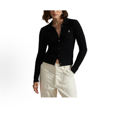 Ralph Lauren Solid Color Small Spikes Embroidered Lace Embroidered Cotton Buttoned Collar Single-Button Ribbed Sleeve Hem Long-Sleeved Buttoned Front Sweater Form-fitting Women's Style Black