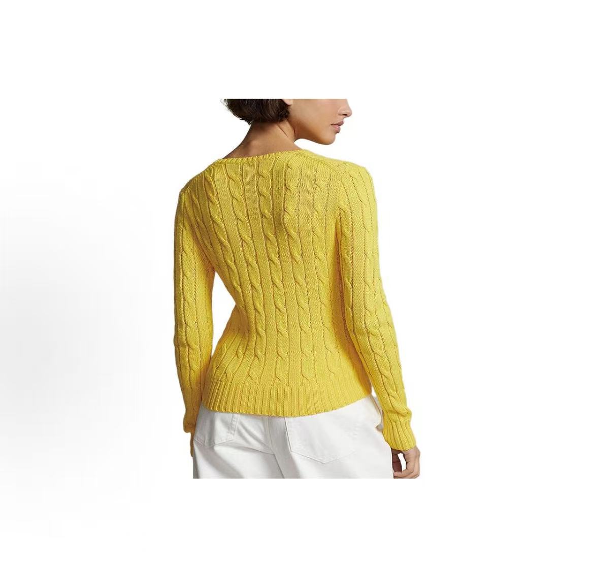 Ralph Lauren FW23 Solid Color Logo Jacquard Cotton Crewneck Long Sleeve Sweater, Regular Fit, Women's, Yellow