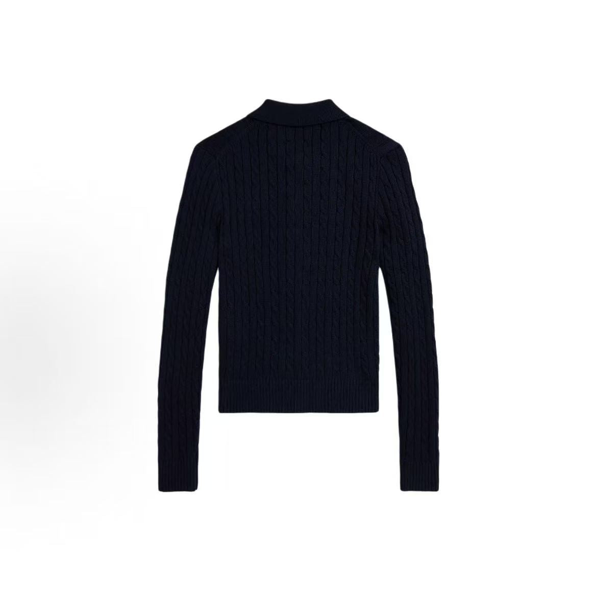 Ralph Lauren Petite Spurs Embroidered Logo Pattern Twisted Knot Cotton Wide-Collar Long-Sleeved Button-Up Blouse. Knitted top with a fitted design. Women's size. Hunter navy blue.