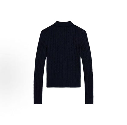 Ralph Lauren Petite Spurs Embroidered Logo Pattern Twisted Knot Cotton Wide-Collar Long-Sleeved Button-Up Blouse. Knitted top with a fitted design. Women's size. Hunter navy blue.