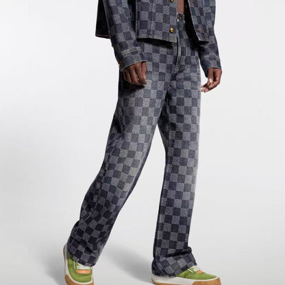 LOUIS VUITTON SS26 Spring/Summer Collection Damier Skateboard Full-Width Logo Jacquard Antique Metal Button Studs Denim Pants Men's Style