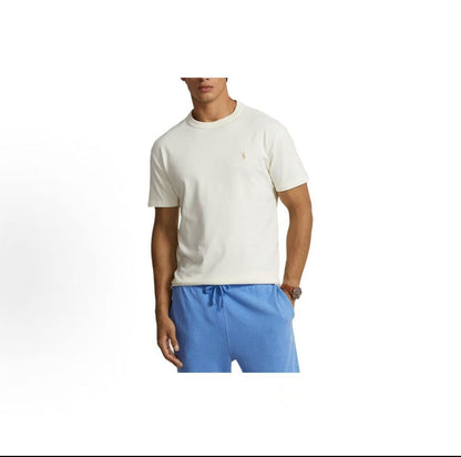 Ralph Lauren SS24 Solid-color Logo Embroidered Plain Knit Short-Sleeved T-Shirt for Men - Club Cream Color