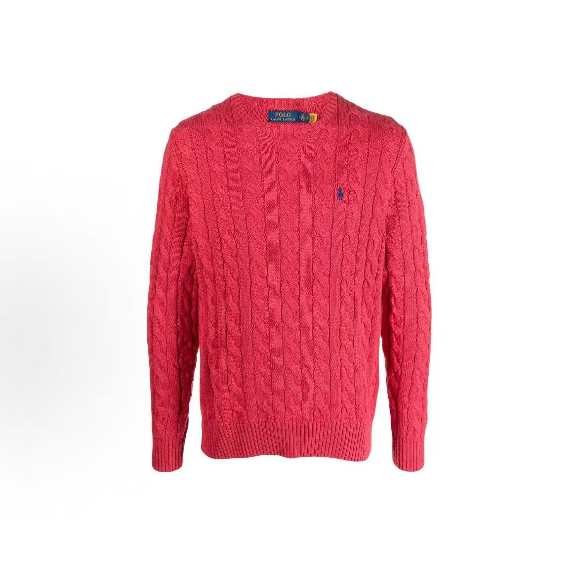 Ralph Lauren FW23 Solid Color Small Spikes Embroidered Plaid Knitted Roundneck Pullover Long Sleeve Sweater for Men - Raspberry Red