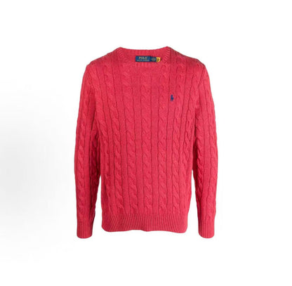 Ralph Lauren FW23 Solid Color Small Spikes Embroidered Plaid Knitted Roundneck Pullover Long Sleeve Sweater for Men - Raspberry Red