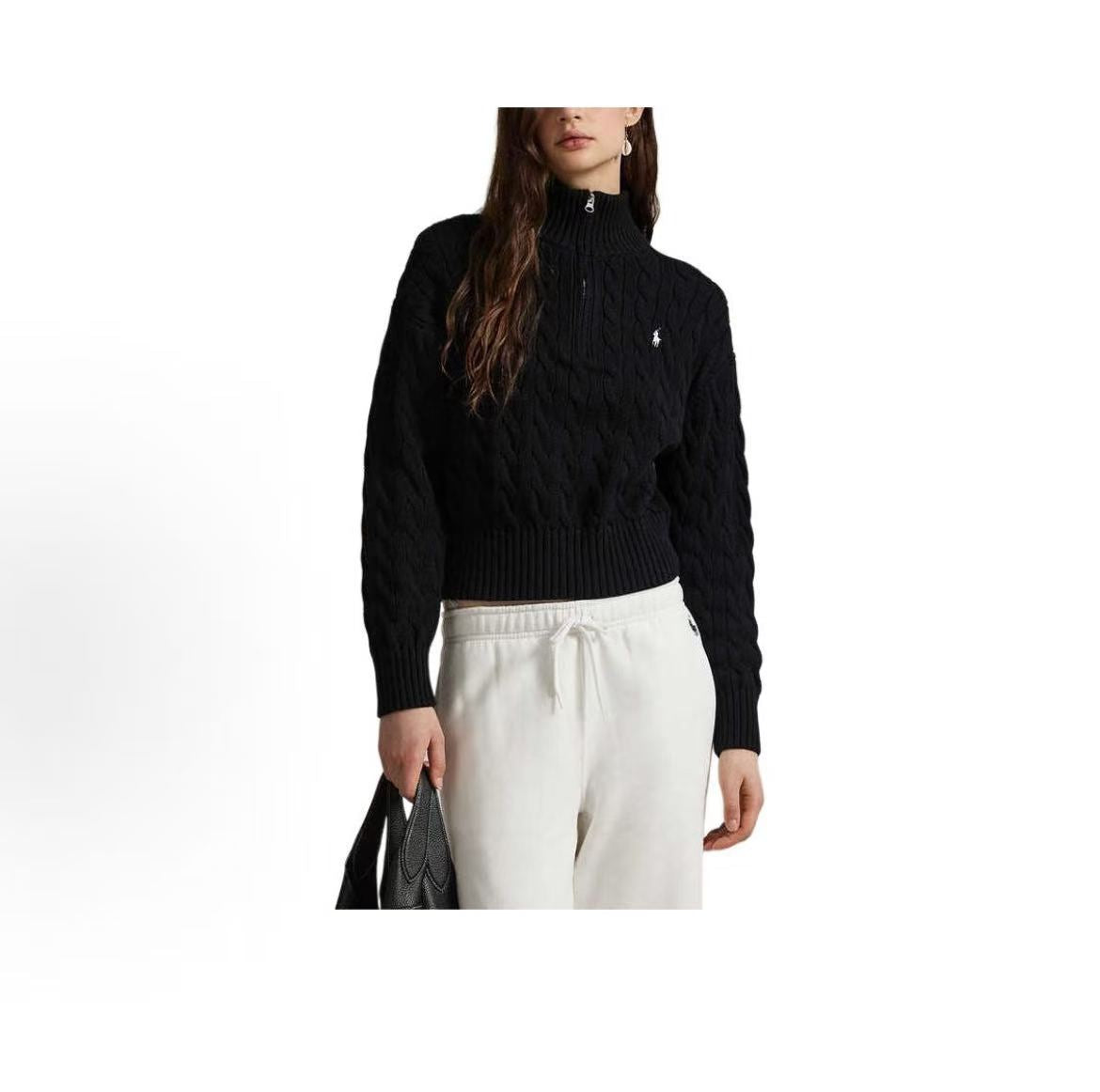 Ralph Lauren FW25 Little Horse Embroidery Solid Twill Knitted Cotton Quarter-Zip Pullover Long Sleeve Ribbed Sleeveless Hem Knit Shirt Loose Fit Women's Polo Black