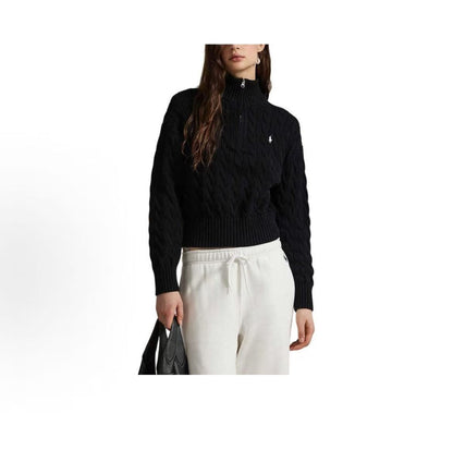 Ralph Lauren FW25 Little Horse Embroidery Solid Twill Knitted Cotton Quarter-Zip Pullover Long Sleeve Ribbed Sleeveless Hem Knit Shirt Loose Fit Women's Polo Black