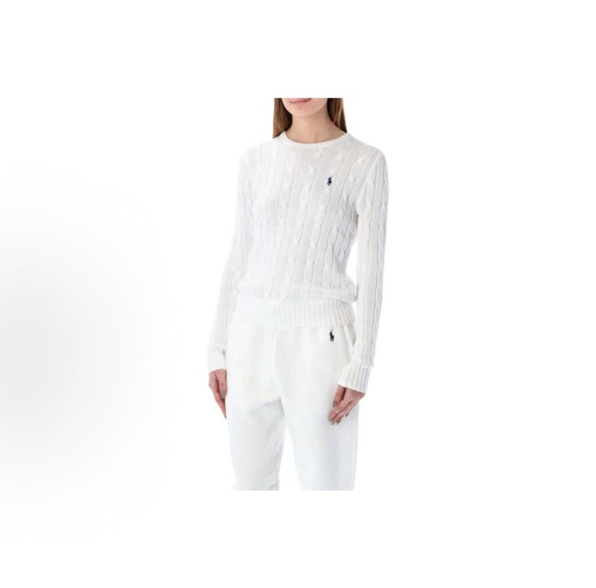 Ralph Lauren FW21 Small Stud Embellished Solid Color Chunky Knit Round Neck Long Sleeve Sweater for Women, White