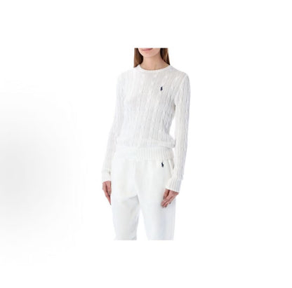 Ralph Lauren FW21 Small Stud Embellished Solid Color Chunky Knit Round Neck Long Sleeve Sweater for Women, White