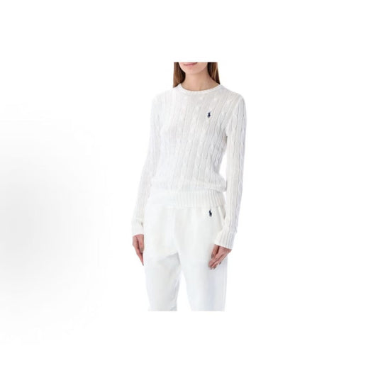 Ralph Lauren FW21 Small Stud Embellished Solid Color Chunky Knit Round Neck Long Sleeve Sweater for Women, White