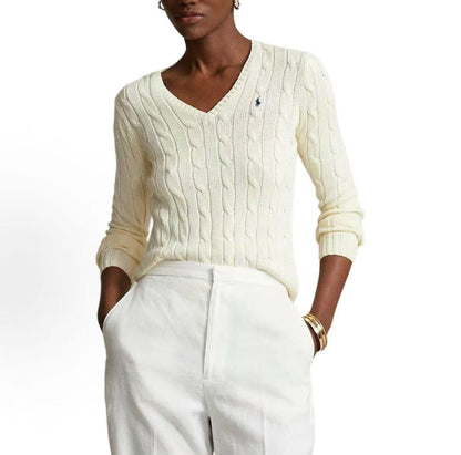 Ralph Lauren Cotton Logo Small Spurs Embroidered V-Neck Solid Hooded Ribbed Sleeveless Hem Long Sleeve Knit Shirt Form-fitting Women's Style White