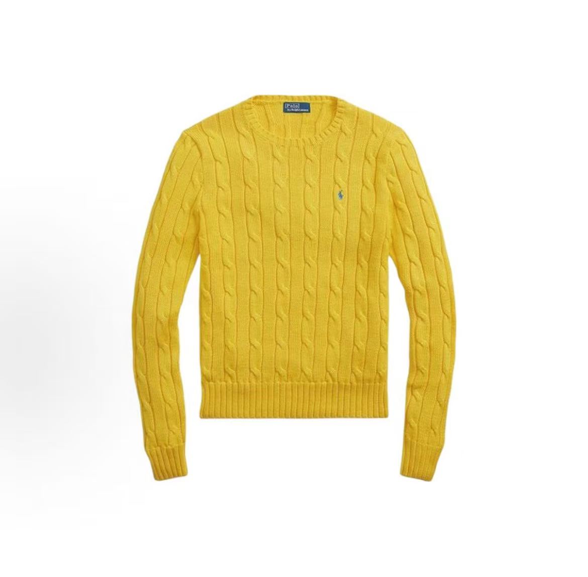 Ralph Lauren FW23 Solid Color Logo Jacquard Cotton Crewneck Long Sleeve Sweater, Regular Fit, Women's, Yellow
