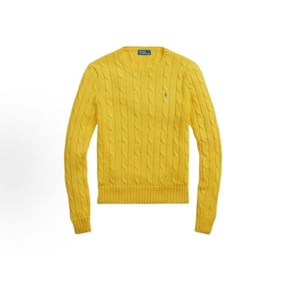 Ralph Lauren FW23 Solid Color Logo Jacquard Cotton Crewneck Long Sleeve Sweater, Regular Fit, Women's, Yellow