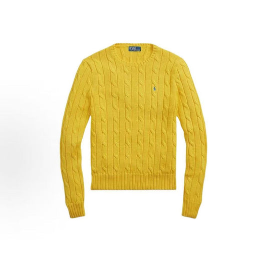 Ralph Lauren FW23 Solid Color Logo Jacquard Cotton Crewneck Long Sleeve Sweater, Regular Fit, Women's, Yellow