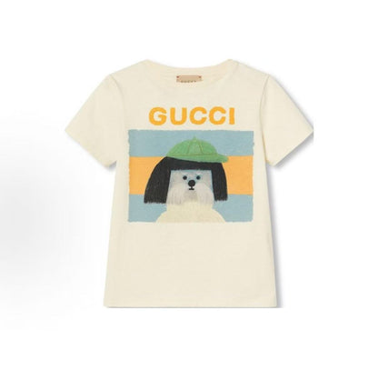 GUCCI T-shirt, Fall/Winter 2024, Animal Letter Print, Round Neck, Hooded, Short Sleeve, White, Children's Size