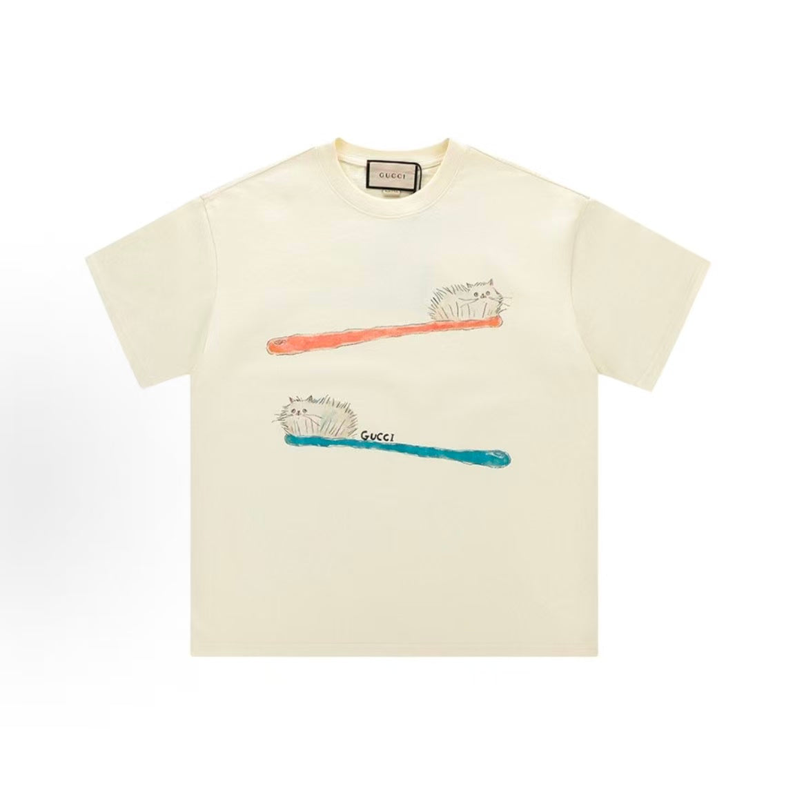 GUCCI Gucci Summer Toothbrush Cat Cute Short-Sleeved Round-Neck T-Shirt - Men's and Women's style are the same