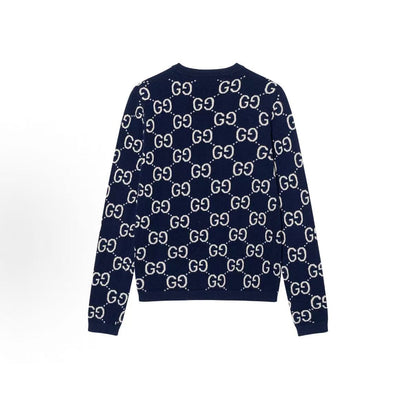 GUCCI Ancient Gurti SS22 Logo Lettered Printed Knitted Round-neck Long-sleeved Wool Sweater - Sweater for Men - Blue