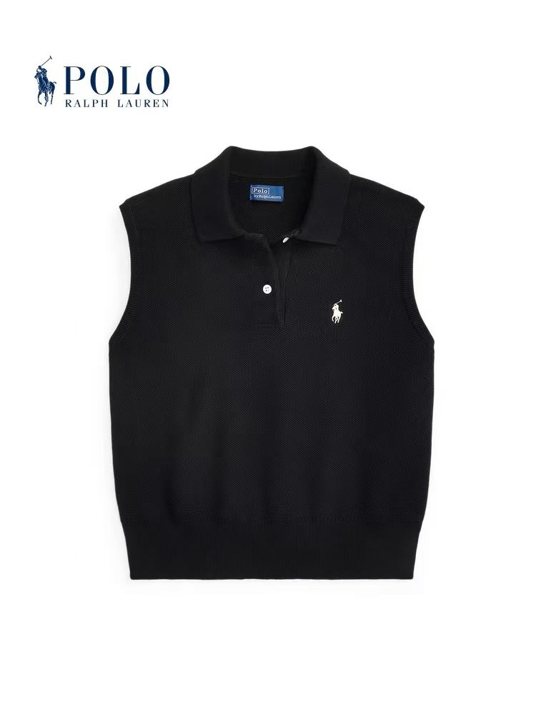 Ralph Lauren Cotton Blended Ribbed Buttoned Small Quilted Embroidered Straight-Tee Short Sleeve Polo Shirt Standard Fit Women's Style Black
