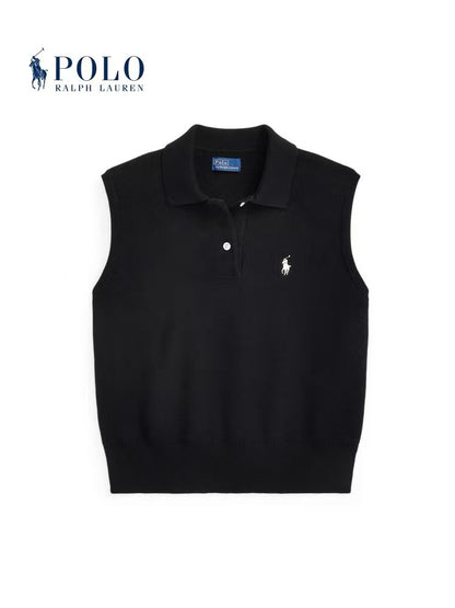 Ralph Lauren Cotton Blended Ribbed Buttoned Small Quilted Embroidered Straight-Tee Short Sleeve Polo Shirt Standard Fit Women's Style Black